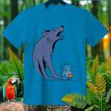 Blue t-shirt with cartoon wolf howling over a mouse holding a pumpkin.