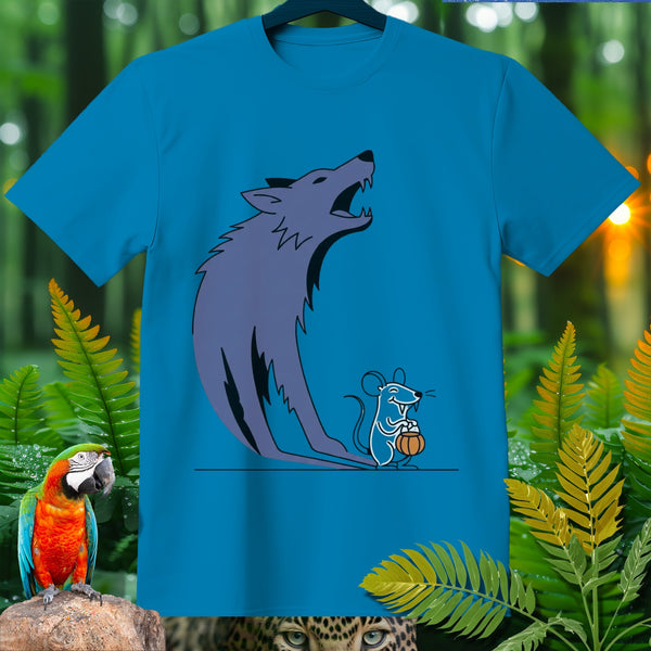 Blue t-shirt with cartoon wolf howling over a mouse holding a pumpkin.
