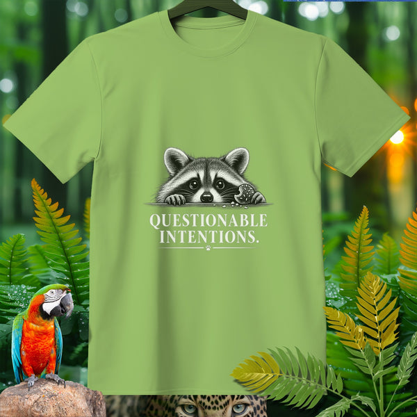 Light green t-shirt with raccoon peeking over edge, text "QUESTIONABLE INTENTIONS."