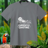 Grey t-shirt with white graphic of otter floating and text 