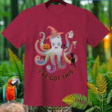 Maroon t-shirt with a cartoon octopus wearing a witch hat and the text 