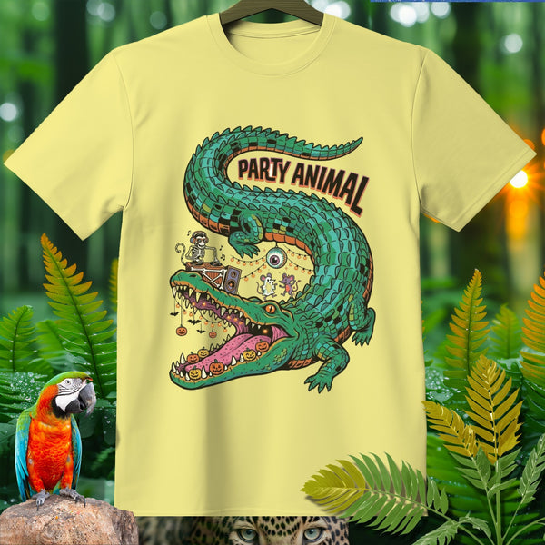 Yellow t-shirt with green alligator graphic saying "Party Animal" and Halloween pumpkins.
