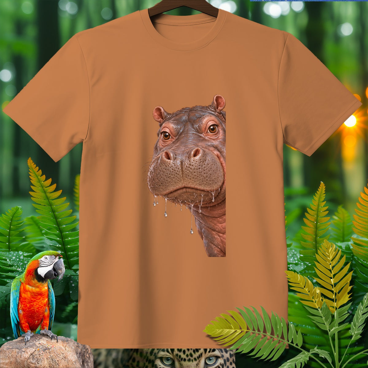 Brown t-shirt with realistic hippo face graphic, jungle foliage, and parrot.