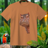 Brown t-shirt with realistic hippo face graphic, jungle foliage, and parrot.