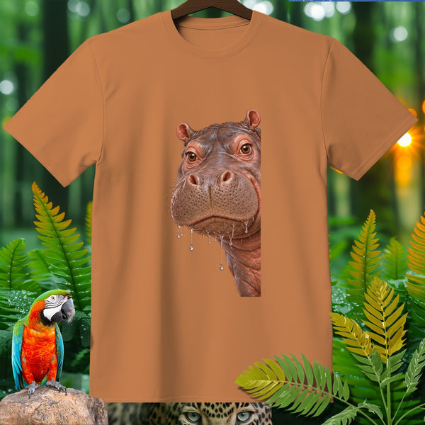 Brown t-shirt with realistic hippo face graphic, jungle foliage, and parrot.