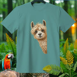 Teal t-shirt with a peeking alpaca graphic, surrounded by jungle foliage and a parrot.