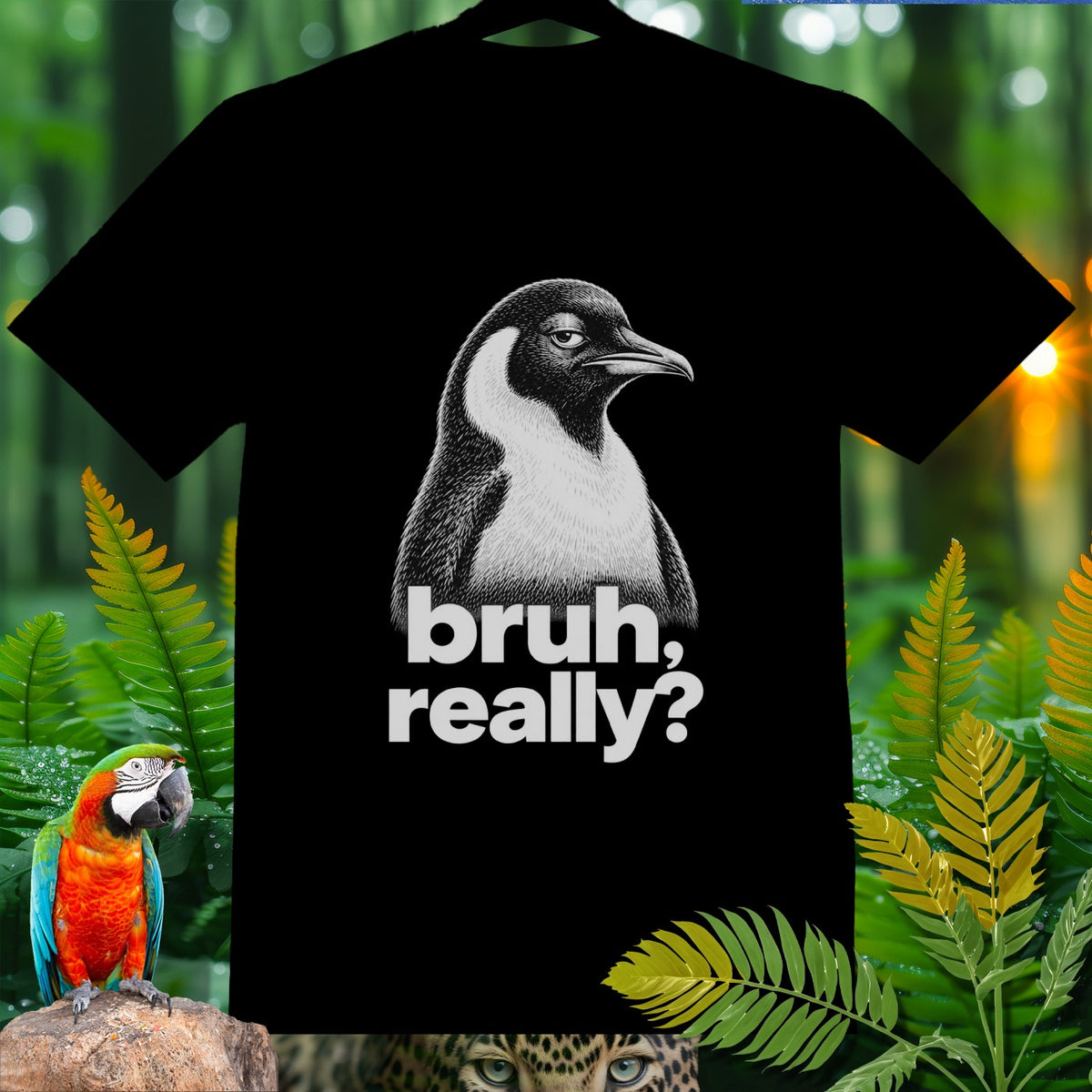Black t-shirt with a penguin graphic and "bruh, really?" text.