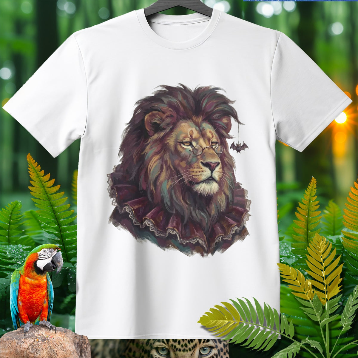 White t-shirt with illustration of a lion wearing glasses and a ruffled collar.