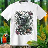 White t-shirt with black panther and floral art, set against a jungle background.