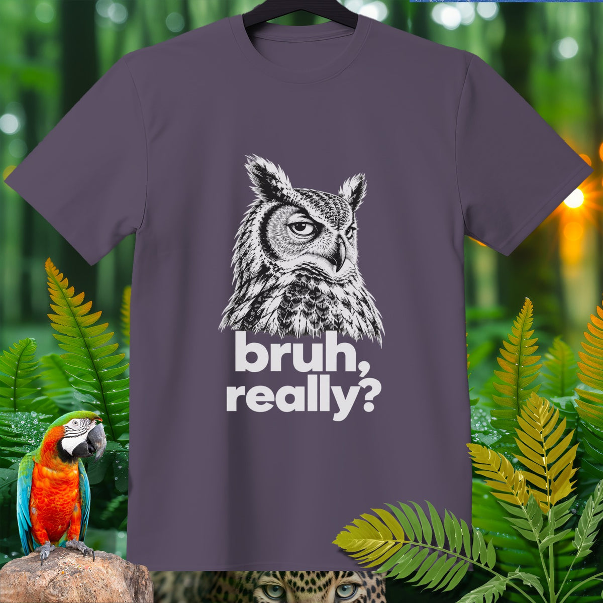 T-shirt with white owl graphic and text "bruh, really?".