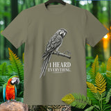 T-shirt with a black and white macaw illustration and text 