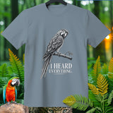 Gray t-shirt with black and white parrot graphic and text 