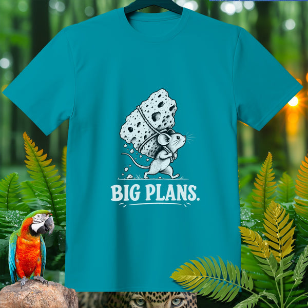Teal t-shirt with a mouse carrying a large piece of cheese and text "BIG PLANS."