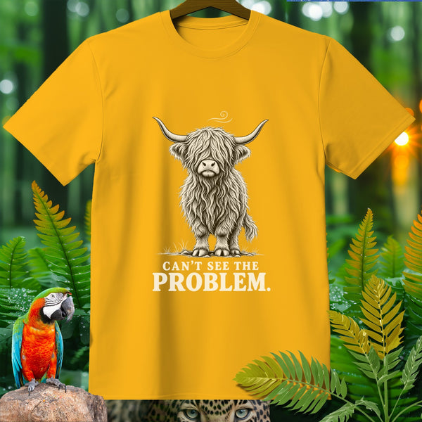 Yellow t-shirt with Highland cow graphic and text "CAN'T SEE THE PROBLEM."